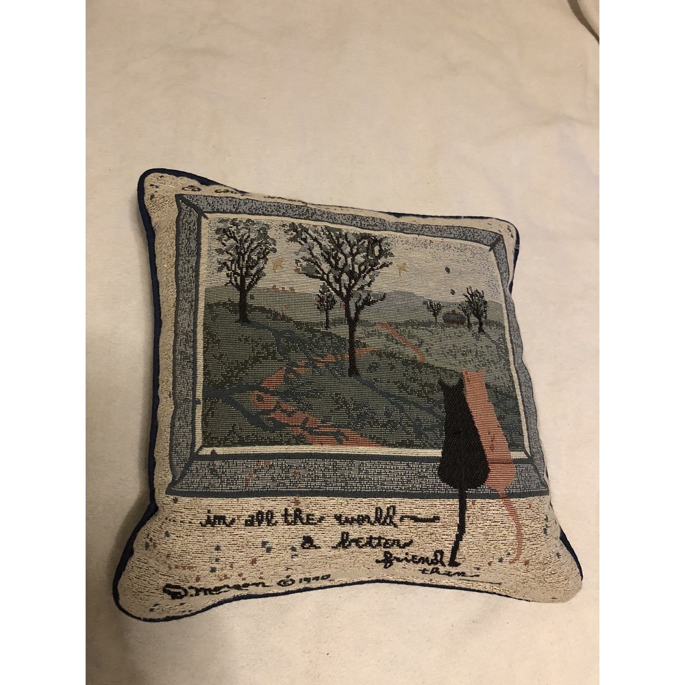 Cat Pillow, D. Morgan 1990 VTG Tapestry Cat/ Friendship Pillow 12" X 12"
